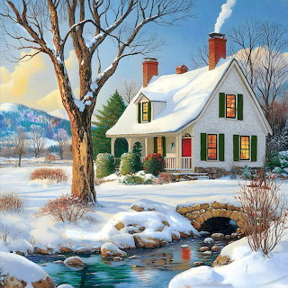 Snowy Cottage by Winter Stream