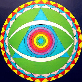 Circular mandala with geometric eye design, rainbow concentric circles, and triangular pattern border on dark background