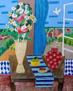 Painting of table with flower vase and red decorative vase near window overlooking village scene