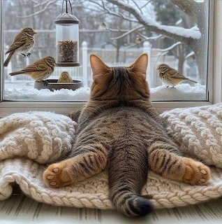 Tabby cat watching birds at window feeder in winter