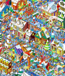 Busy pixel-art Christmas village with snowy houses, trees, gifts and many small festive characters