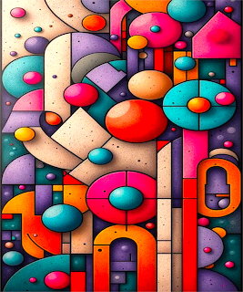 Abstract art with colorful geometric shapes, circles, and arches in pink, orange, teal, and purple tones