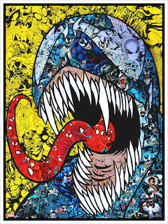 Colorful Venom collage artwork with open mouth showing sharp teeth and red tongue, made of comic characters