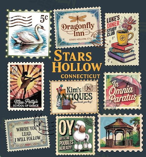 Grid of nine decorative postage stamps showing Stars Hollow Connecticut locations and imagery