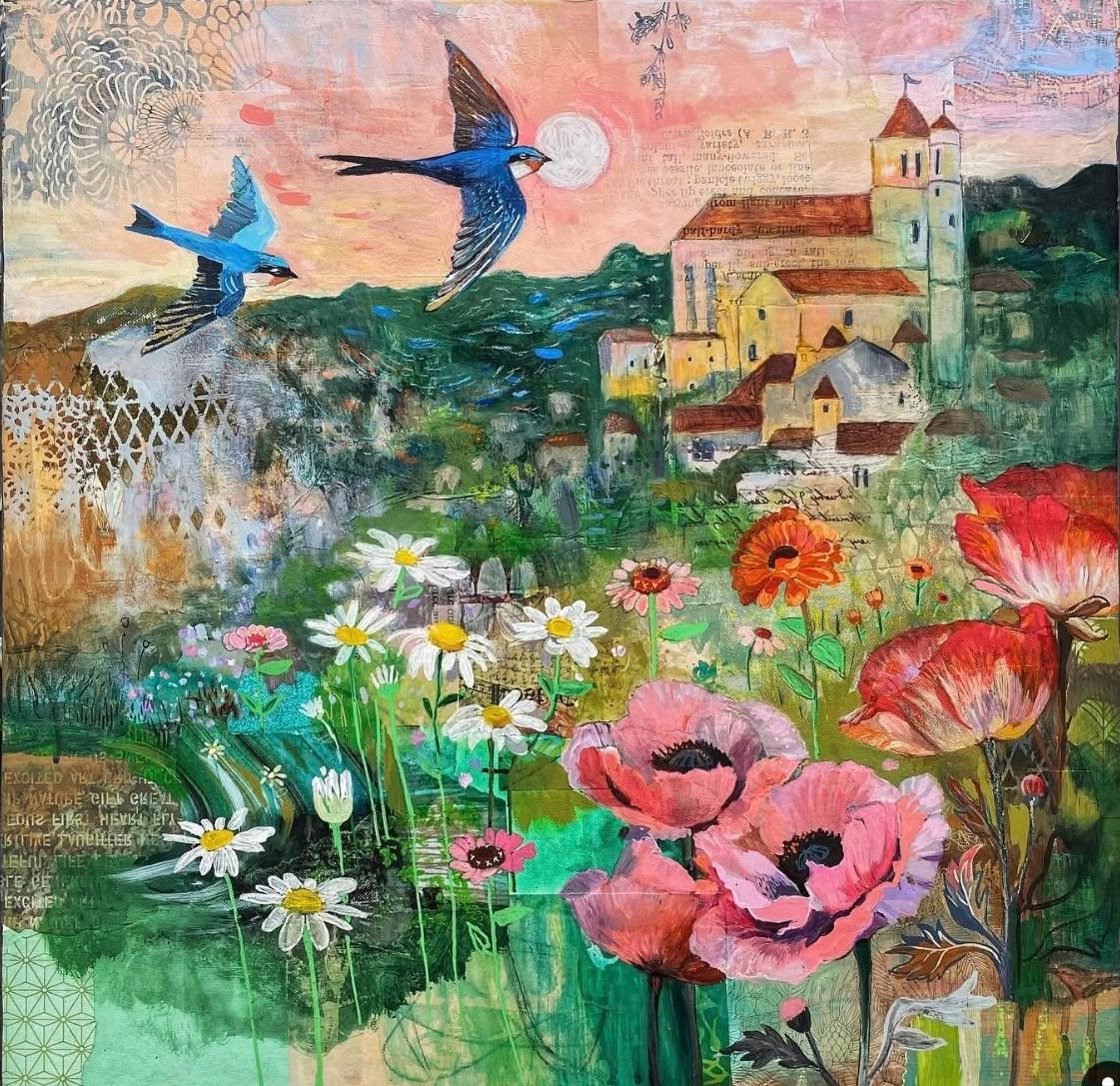 Mixed-media artwork with wildflowers, two blue birds, and a hillside village under a pale moon