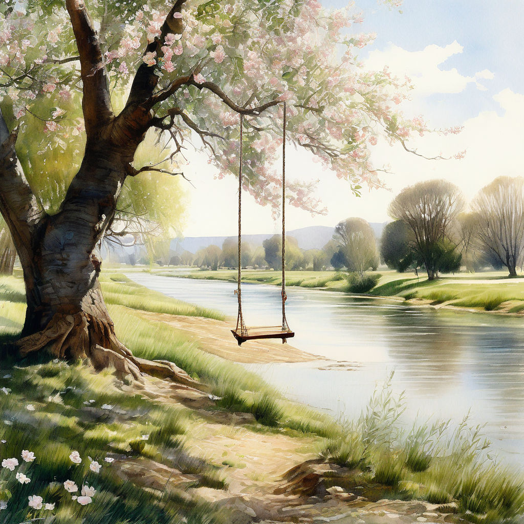 Rope swing hangs from flowering tree next to calm stream in spring meadow watercolor painting