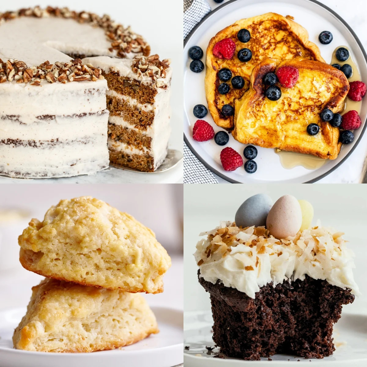 Four-photo collage of Easter desserts: carrot cake, berry French toast, biscuits, and chocolate cupcake with eggs