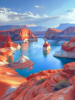Surreal landscape with glowing red-orange canyon rocks around a bright blue lake under blue sky with white clouds