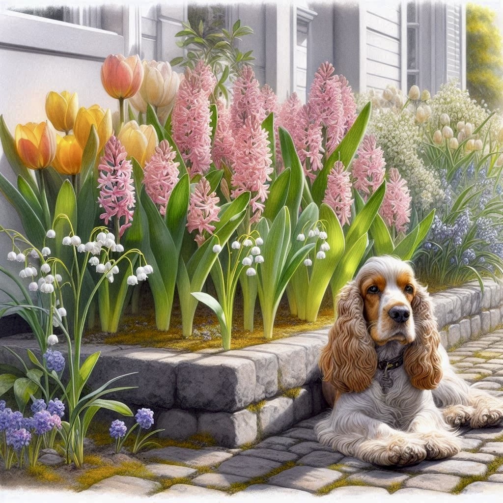Cocker spaniel lying on patio with colorful spring flowers