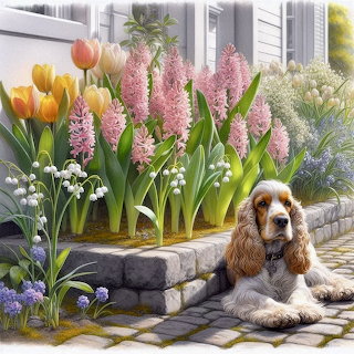 Dog Resting By Spring Flowers