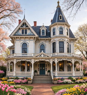 White Victorian house with turret, decorative porch, and pink tulip garden