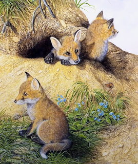 Painting of three fox kits around a sandy den with grass and blue flowers