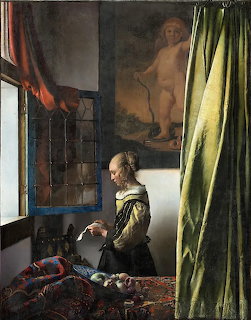 Woman in yellow jacket reading letter by window in Dutch Golden Age painting style