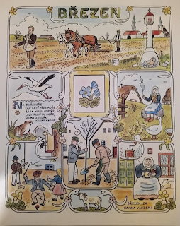 Vintage March illustration with rural scenes, people, animals, birds, and decorative panels