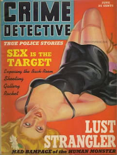 Vintage Crime Detective pulp magazine cover with woman in black dress and bold crime headlines