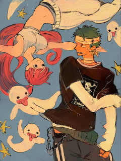 Anime art showing Zoro holding Perona while pink-haired ghosts float around them on blue backdrop