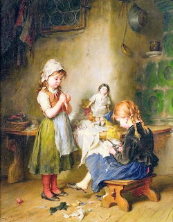 Oil painting of three girls sewing doll clothes in a rustic room with warm light