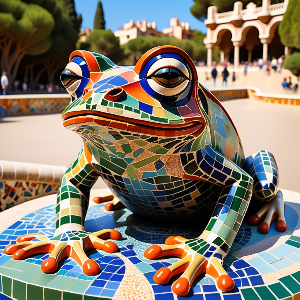 Colorful mosaic frog sculpture on a tiled platform in a sunny courtyard