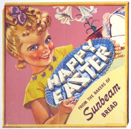 Vintage Easter advertisement featuring child with Sunbeam Bread sign and lily flowers