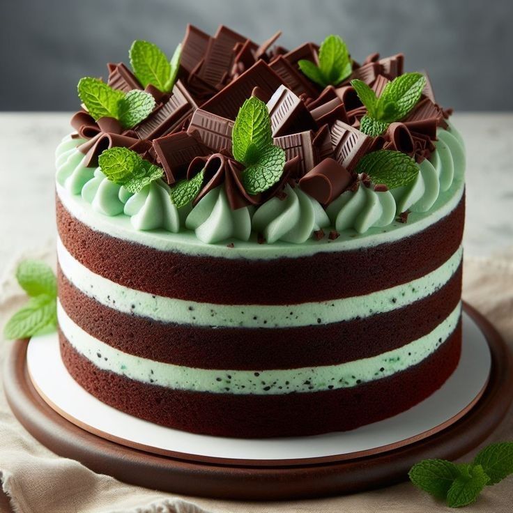 Layered chocolate cake with mint cream frosting, chocolate curls, and fresh mint leaves