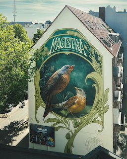 Street art mural of two birds on the side of a building with green ornamental foliage