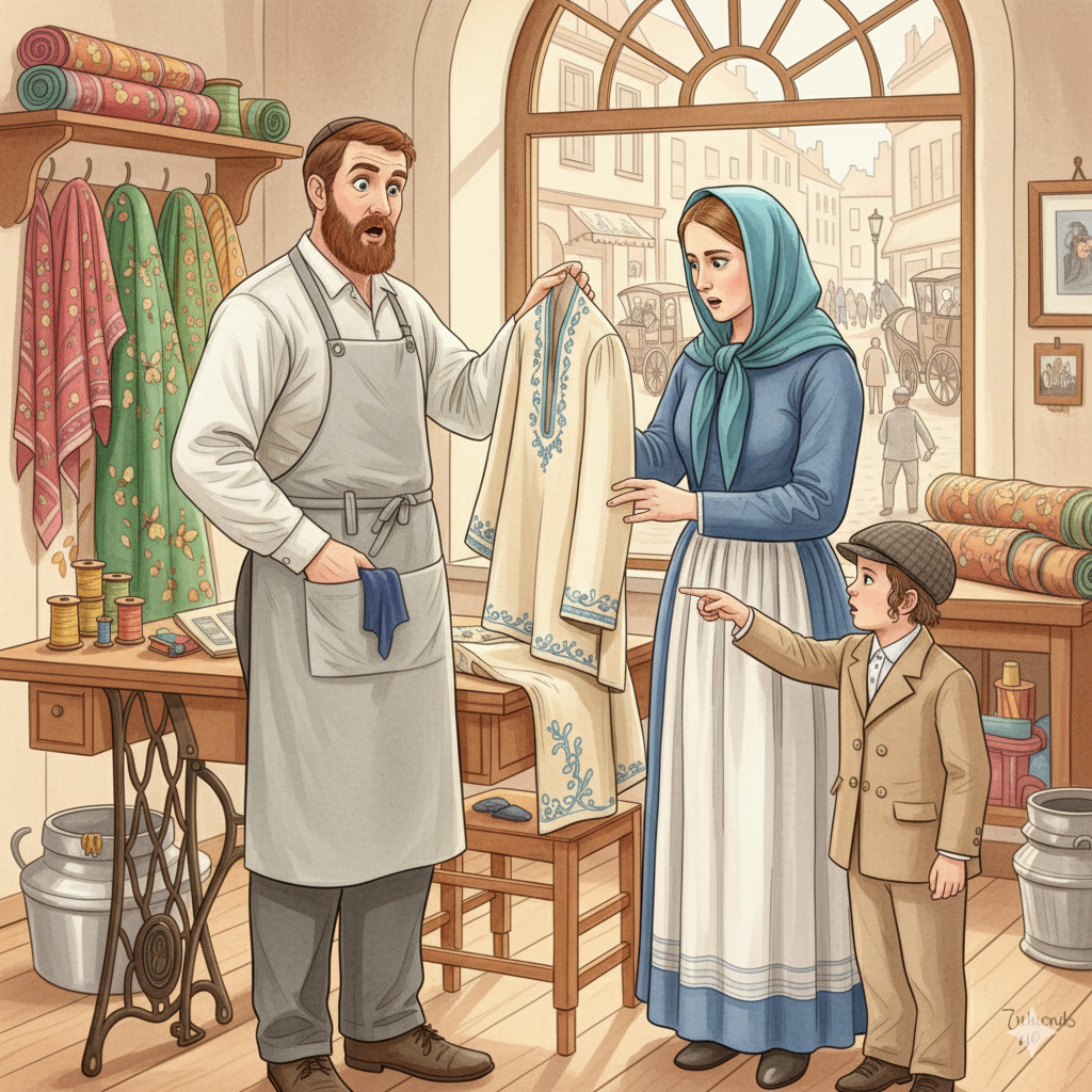 Illustration of a tailor showing a dress to a woman and boy in a fabric shop interior