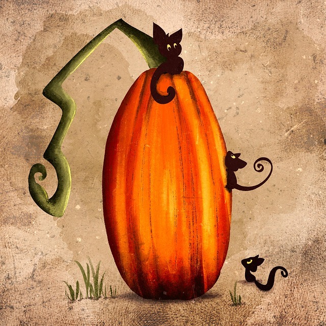 Illustrated orange pumpkin with curled green stem and three black cats on textured background