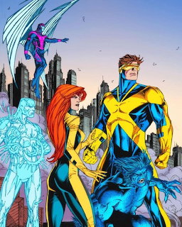 X-Men comic art showing Cyclops, Jean Grey, Beast, Iceman, and Angel posed in front of a city skyline