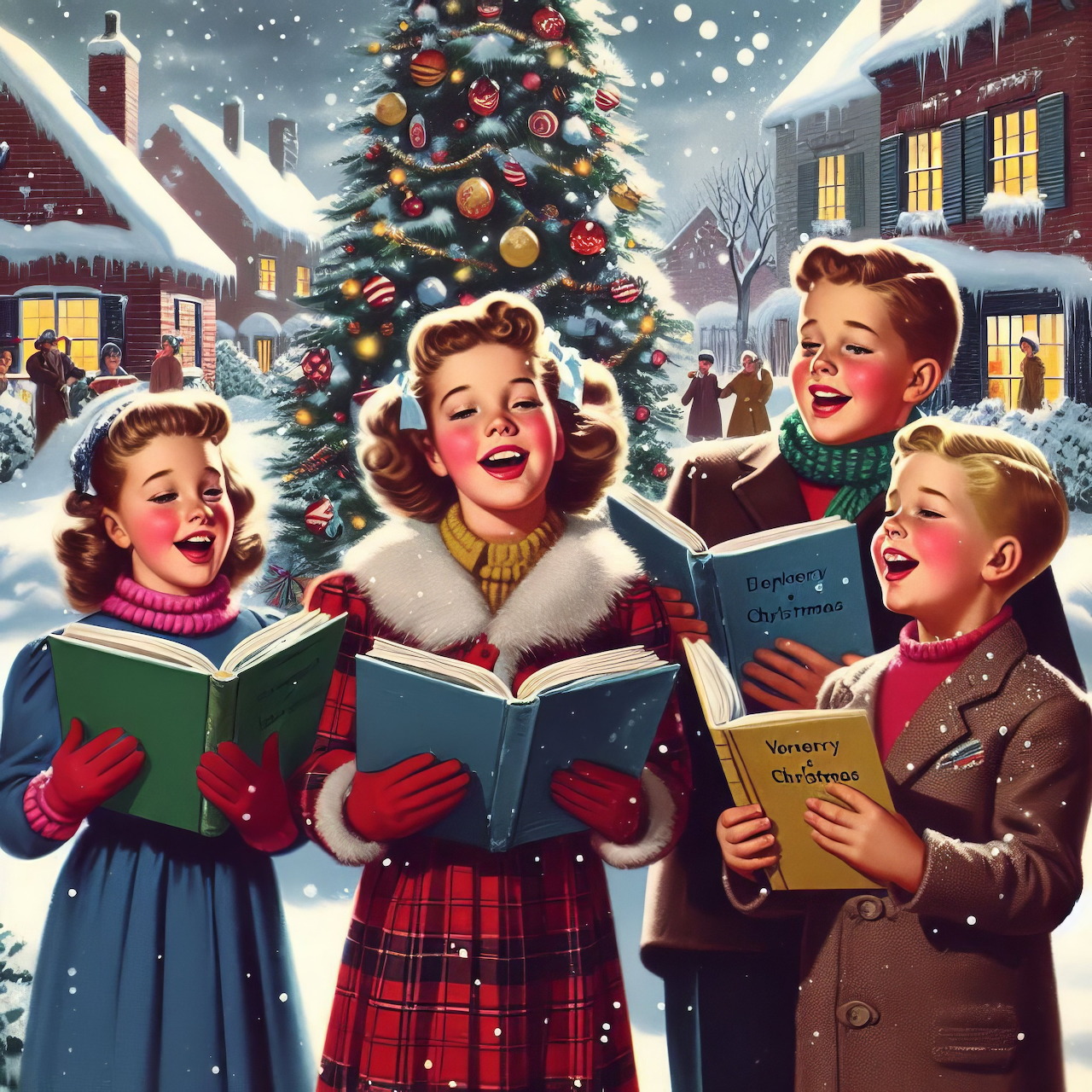 Vintage style illustration of four people caroling in snow with Christmas tree and houses behind them