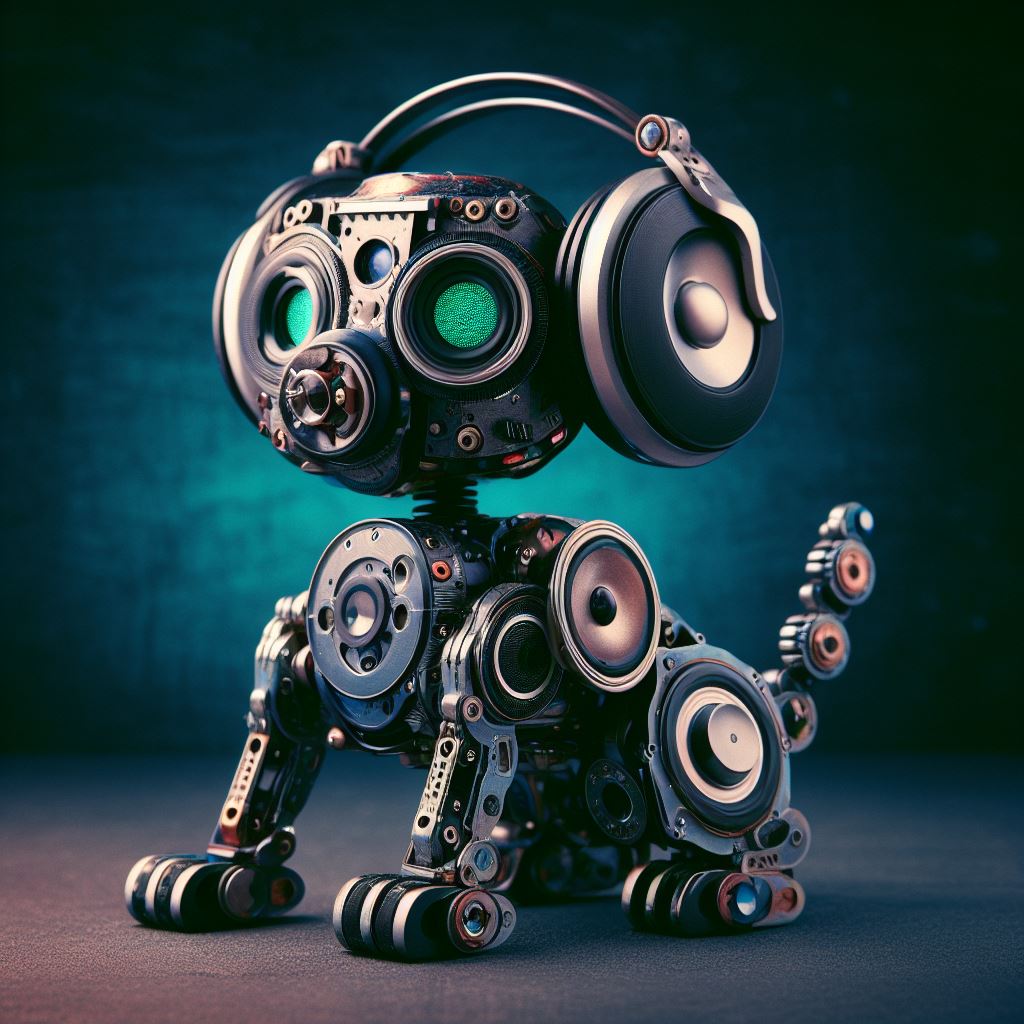 Metallic robot puppy with large headphones, speakers integrated into body, and glowing green circular details