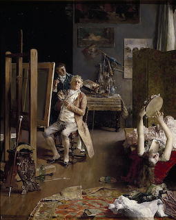 Oil painting of a painter working at an easel in a clutered studio with a female model posing nearby