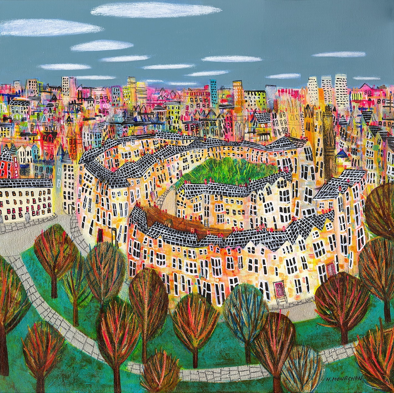 Colorful painting of a city neighborhood with curved streets, trees, and a central park under a blue sky