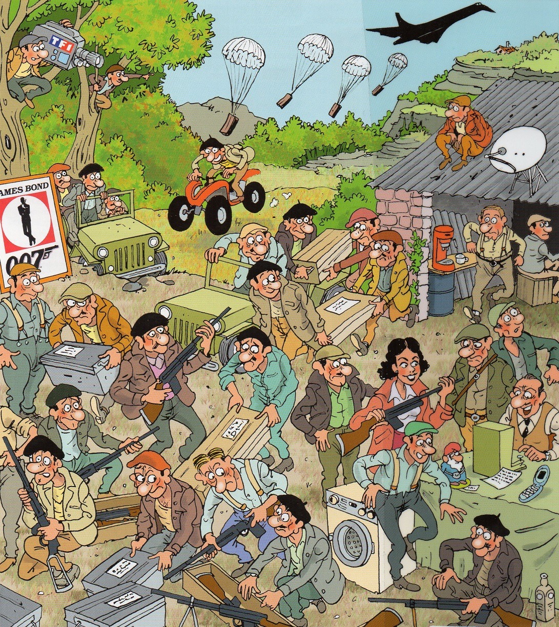 Cartoon of French Resistance members gathering as parachutes drop supplies from aircraft overhead in rural setting