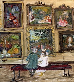 Two Victorian women viewing paintings in ornate gold frames on museum wall