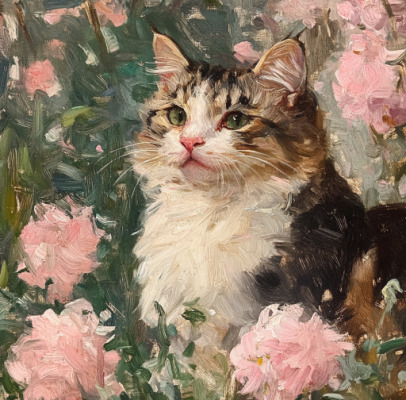 Painting of a fluffy cat surrounded by pink roses