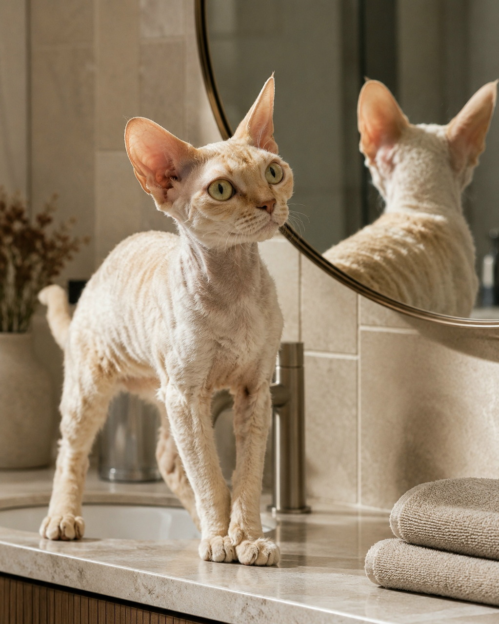 Hairless Sphynx cat standing on bathroom counter looking at mirror reflection