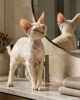 Hairless Cat Looking in Mirror