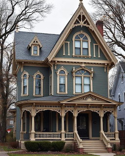Victorian house with steep gable roof, ornate trim, wraparound porch, and arched windows surrounded by bare trees