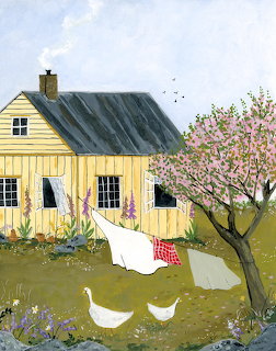 Folk art painting showing yellow cottage, blooming tree, white geese, and hanging laundry in garden