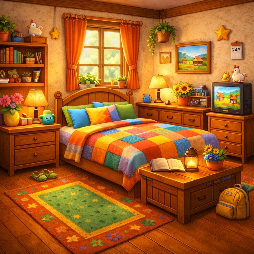 Illustrated cozy bedroom with colorful patchwork bedding, wooden furniture, window with orange curtains, and playful decor