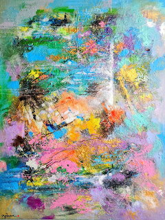 Abstract painting with bold multicolored brushstrokes and textured layers in bright turquoise, pink, yellow and purple hues