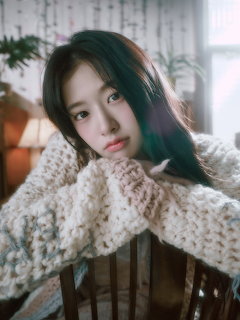 Young woman with dark hair and green tips wearing a chunky cream knit sweater posing indoors