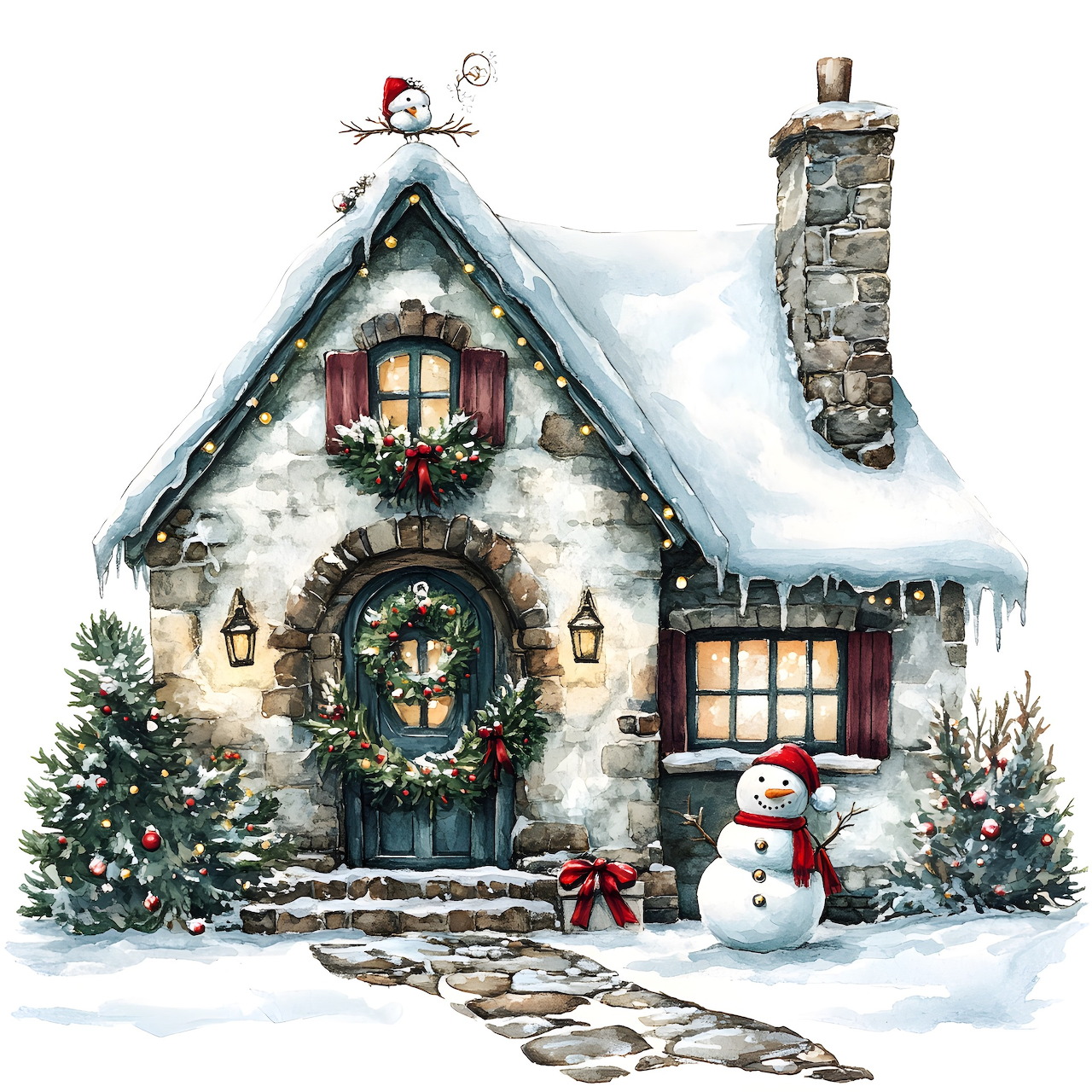 Snow-covered stone cottage with Christmas wreath, snowman, and decorated tree in winter twilight