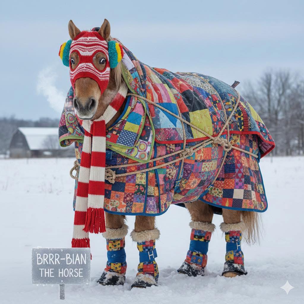 Horse in a snowy field wearing a colorful patchwork blanket and red striped scarf