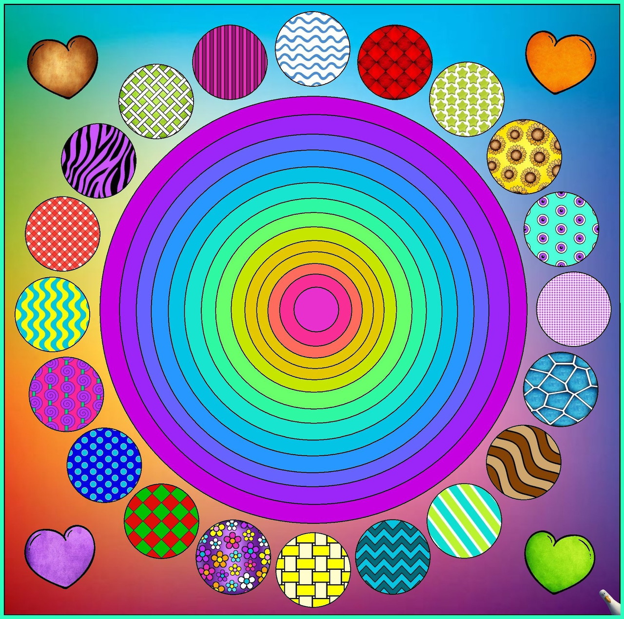 Rainbow concentric circles with patterned circles border on gradient background