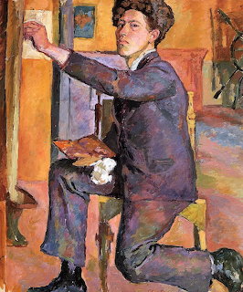 Painting of a young man kneeling at an easel holding a palette in a warm orange studio