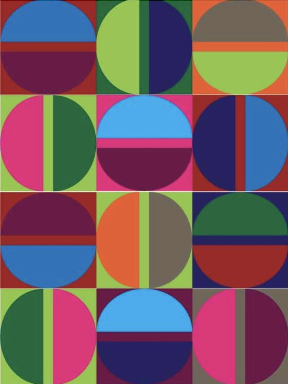 Grid of colorful circles split into halves and quarters with bold geometric shapes in red, blue, green, pink, and orange