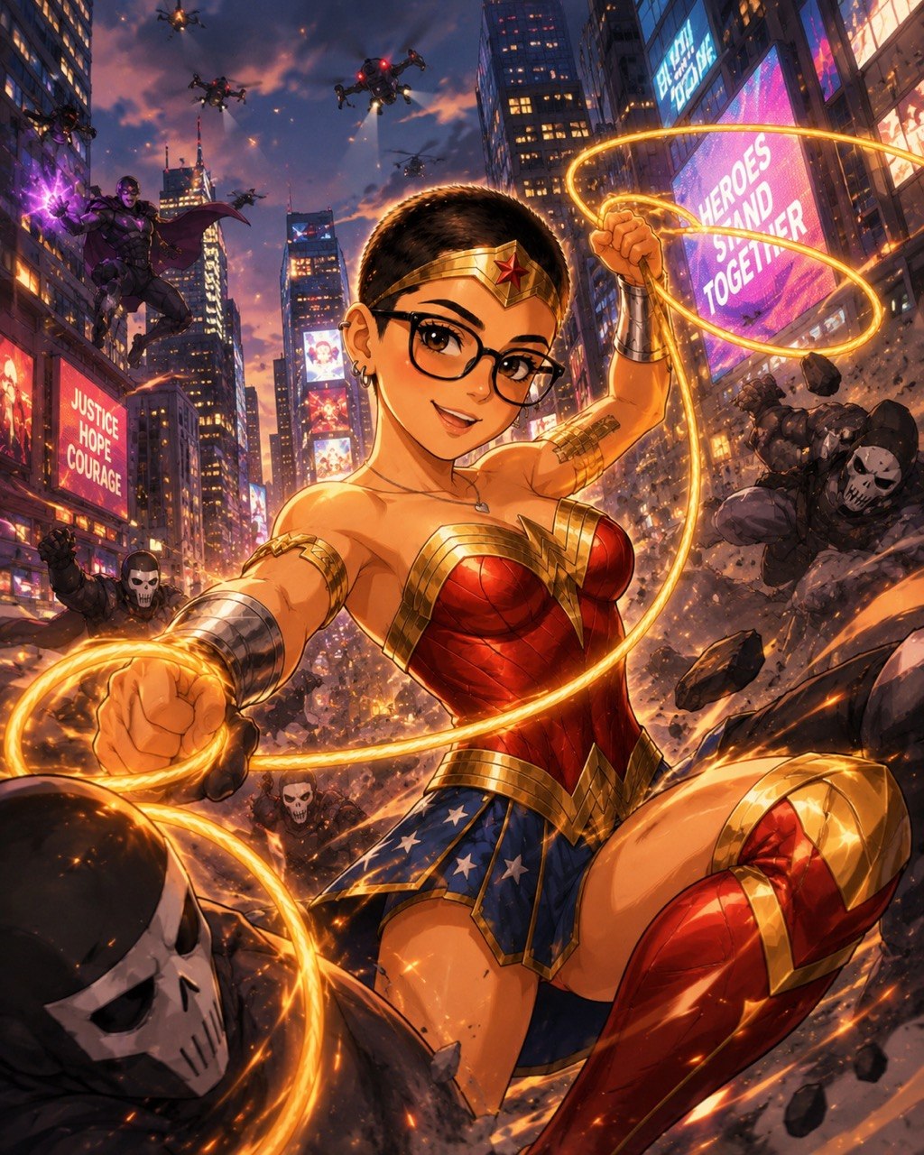 Anime Wonder Woman with glowing lasso fighting in a neon-lit city at night