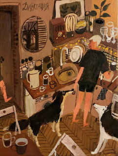 Illustration of a woman in a kitchen with two dogs and cluttered dishes on warm-toned counters