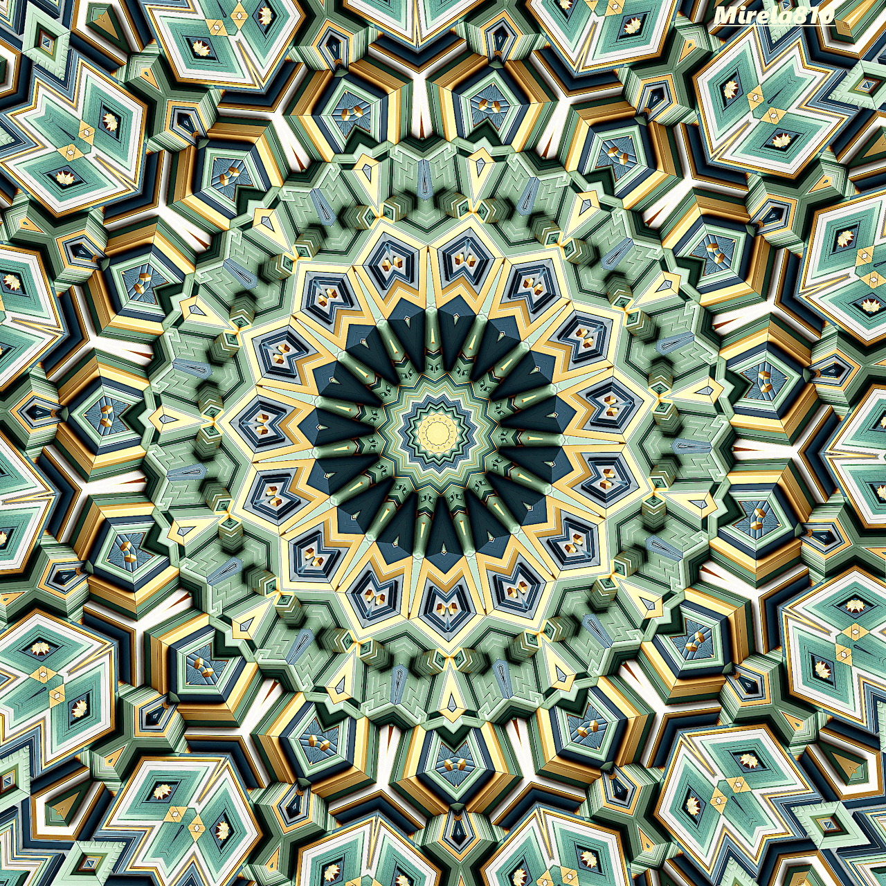 Symmetrical geometric mandala with hexagonal and star patterns in teal, gold, and cream tones